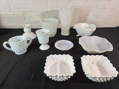 Hobnail Milk Glass Tableware. Hobnail milk glass items, including a variety of tableware. The
