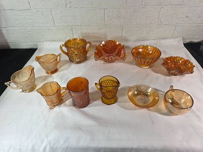 Orange Carnival Glass Assorted Tableware. Orange carnival glass tableware, including a variety