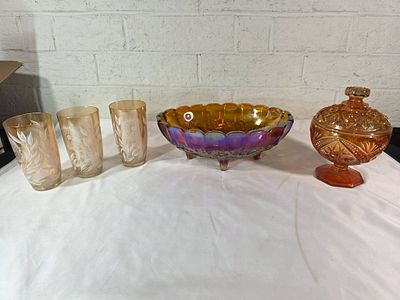 Orange Carnival Glass Bowl and Covered Dish Set. Orange carnival glass items, including a footed