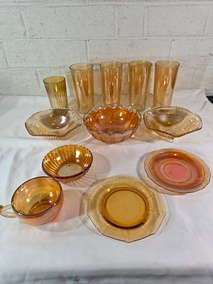 Orange Carnival Glass Tableware. Orange carnival glass tableware, including six tumblers, three