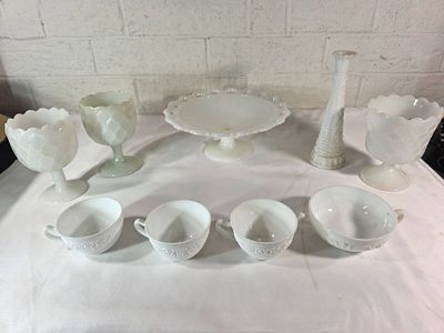 Milk Glass Tableware Collection. Milk glass tableware including two pedestal goblets with