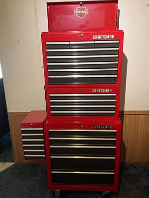 Tool Chest with Side Cabinet. Craftsman red metal tool storage chest set, featuring three 