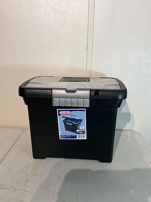 Storage Box With Electronics. Sterilite black and gray plastic storage box with hinged lid and 