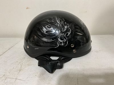 Â Helmet with Skull Graphics. Motorcycle half helmet featuring a black glossy finish with silver 
