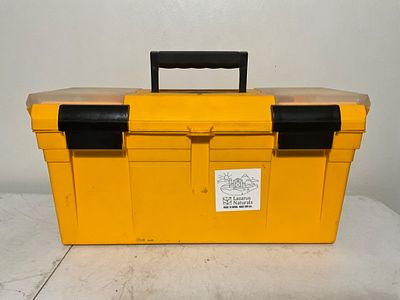 Tool Box withÂ Tools. Yellow plastic tool box with a carry handle and dual black latch 