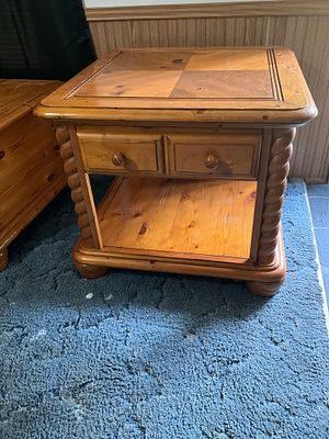 Pine Wood Side Table with Two Drawers. Square side table crafted from pine wood with a 