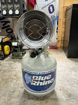 Propane Tank with Attached Infrared Heater. Propane cylinder labeled 'Blue Rhino,' featuring an 