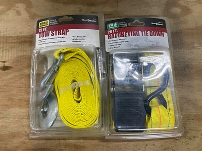 15 ft Tow Strap and 20 ft Ratcheting Tie Down. Two items: a 15 ft heavy-duty tow strap with a 2 