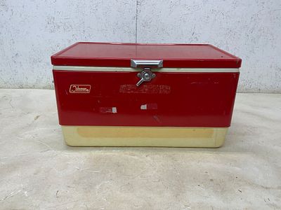 Vintage Coleman Steel-Belted Cooler. Coleman steel-belted cooler featuring a red exterior with 