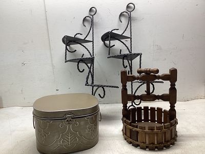 Decorative Home Accessories. Includes two wrought iron wall-mounted corner shelves featuring