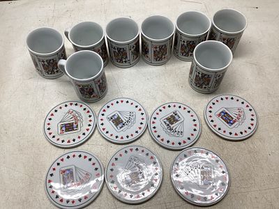 7 Themed Mugs and Coasters. Seven ceramic mugs and seven matching coasters, each featuring a