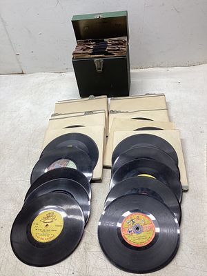 Approximately 80 Vinyl Records. Approximately 80 vinyl records housed in a portable storage case