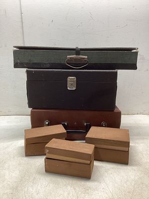 Six Vintage Storage Boxes. Six storage boxes of various designs and materials, including three