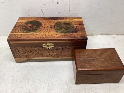 2 Wooden Keepsake BoxesÂ. Two wooden boxes. The larger box features a dovetail construction