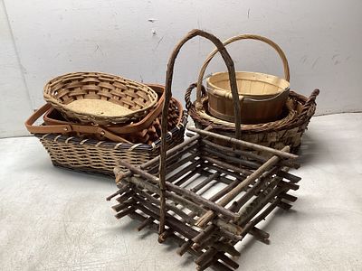 Seven Woven Baskets. Seven assorted woven baskets featuring various designs, materials, and