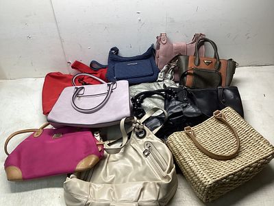 11 Handbags in Various Styles. 11 handbags in assorted styles, materials, and colors. Notable