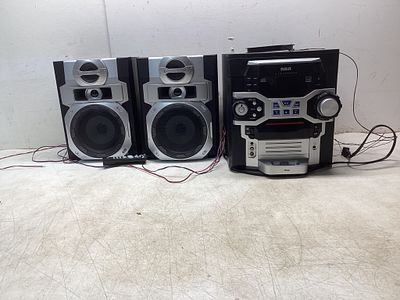 RCA Sound System with SpeakersÂ. RCA stereo system featuring a main unit with FM/AM radio, CD