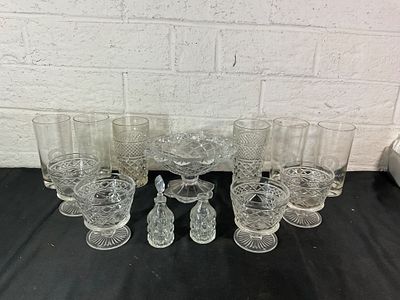 Clear Pressed Glassware Collection. Clear pressed glassware including 6 highball glasses with