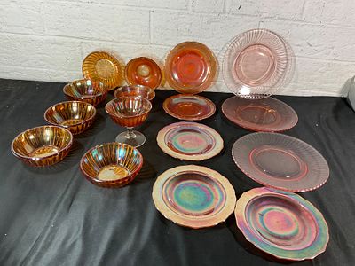 Iridescent and Transparent Glass Dishware. Collection of iridescent and transparent glass