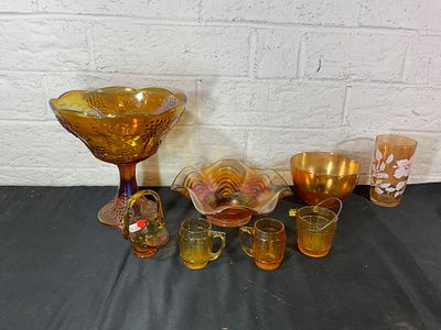 Iridescent Carnival Glassware. Iridescent carnival glass items, including a pedestal punch bowl