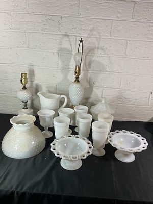 Milk Glass Items Including Two Milk Glass Lamps. Milk glass items including two hobnail-style