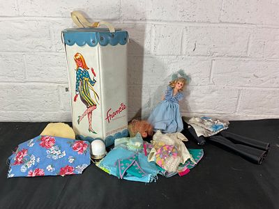 Annette Doll Case with Doll and Accessories. Annette doll case with blue accents, featuring