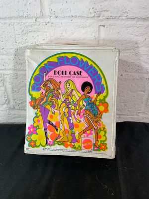 1970s Mattel Rock Flowers Doll Case. White vinyl doll case with colorful psychedelic floral