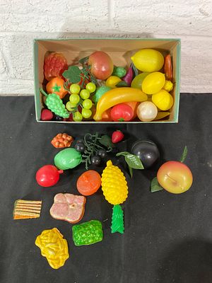 Plastic Toy Fruits and Vegetables. Plastic toy fruits and vegetables, including representations