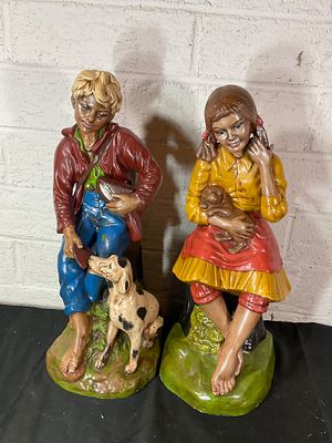 Painted Ceramic Figurines of Boy, Girl, and Pets. Hand-painted ceramic figurines depicting a boy