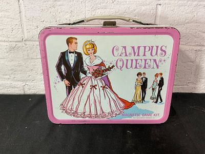 Pink Metal Campus Queen Lunchbox Game Kit. Pink metal lunchbox featuring 'Campus Queen' graphics