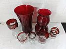 Red Glass Vessels with Etching. Seven red glass vessels, including vases and goblets, many Image - 1
