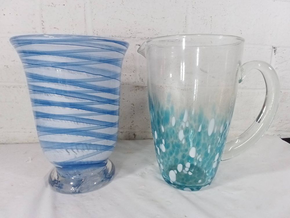 Blue and White Glass Vase and Pitcher. Glass items including a blue and white swirl vase and a 