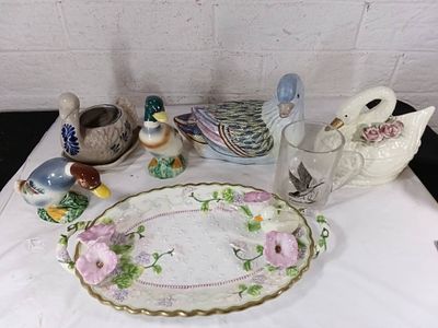 Duck-Themed Ceramic and Glass Lot. Duck-themed ceramics and glassware, including a floral 