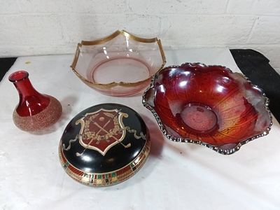 Glass and Ceramic Home Decor Items. Four glass and ceramic home decor items, including a red 