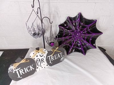 Halloween Decor Lot with Spider Web Details. A set of Halloween-themed decorations. Items 