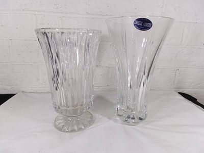 Lead Crystal Vases with Etched Designs. Two lead crystal vases featuring etched designs. One 