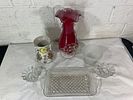 Glass and Ceramic Decorative Tableware. Collection includes a red, ruffled glass vase with Image - 1