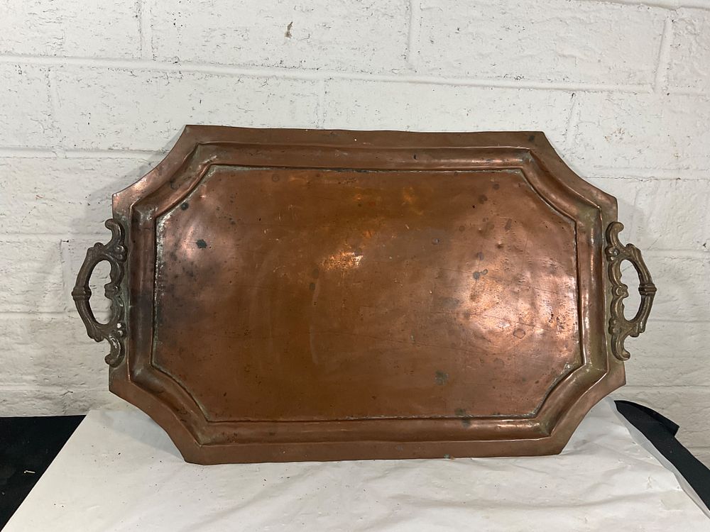 Rectangular Copper Serving Tray with Handles. Rectangular copper serving tray featuring raised 