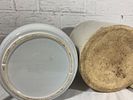 Two Stoneware Crocks with Lid. Two stoneware crocks, one with a cream-colored matte finish and a Image - 1