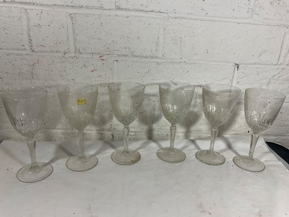 Six Luminarc Glass Goblets. Six glass goblets by Luminarc, U.S.A. Each goblet features a clear 