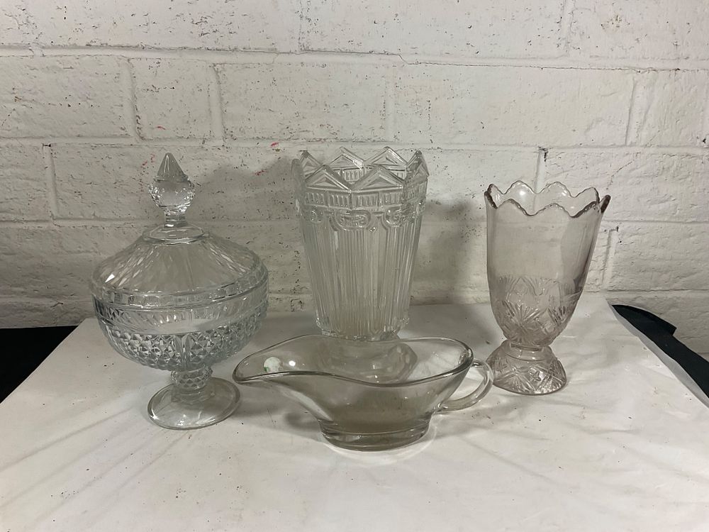 Decorative Glass Tableware. Four decorative glass items, including a lidded pedestal candy dish 