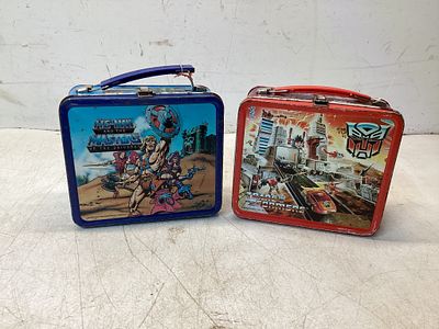 Two Aladdin Metal Lunchboxes with Thermoses. Vintage Aladdin brand metal lunchboxes consisting 