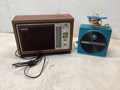 Sony AM/FM Radio and Panasonic 8-Track Player. Two vintage electronic audio devices. The first 