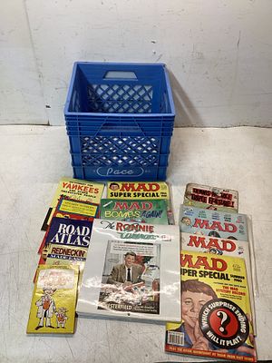 Mad Magazines, Books. A total of 13 items: one blue plastic crate labeled âPaceâ and 12 
