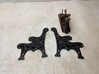 Cast Iron Bench Ends and Stanley Hand Plane. Includes two matching cast iron bench ends 