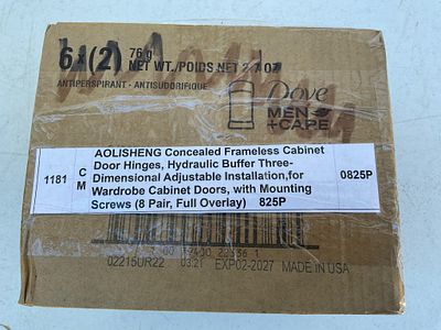 AOLISHENG Cabinet Door Hinges. Unopened box containing AOLISHENG concealed frameless cabinet 