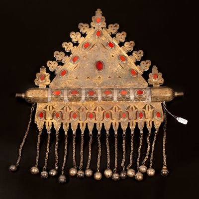 A large and impressive gilded silver and textile Tumar amulet chest ornament - Turkestan1870-1920
. 