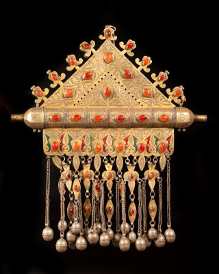 A large and impressive gilded silver and textile Tumar amulet chest ornament - Turkestan1870-1920. 