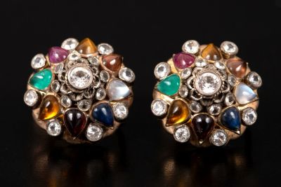 Antique 10K Gold, Gemstone Earclips. containing numerous natural gemstones including garnet 