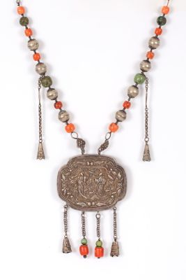 Qing, Chinese silver necklace w pendant-turquoise and coral. Long Chinese necklace composed of 